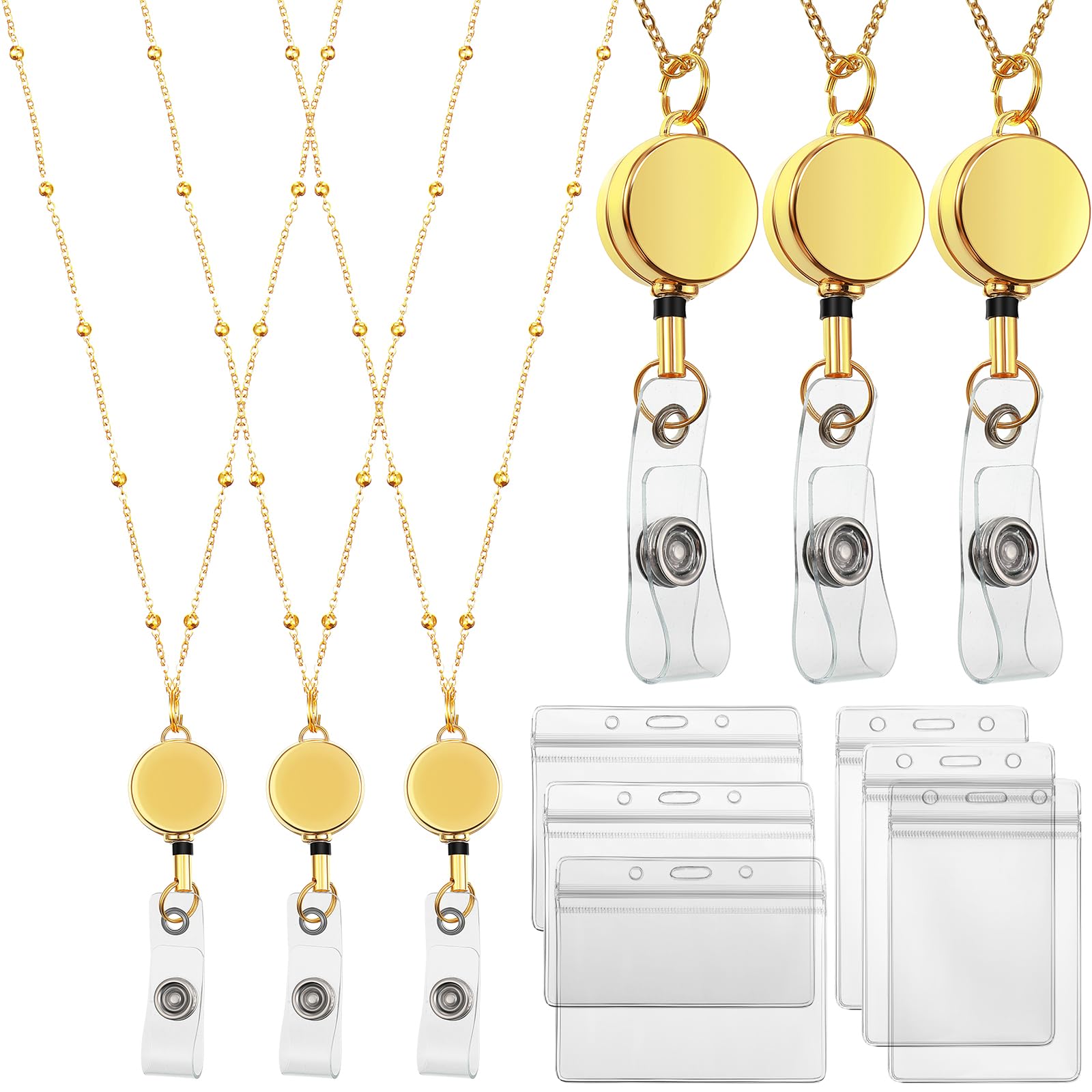 Photo 1 of **ONLY 1 HAS MINOR DAMAGES** Zonon Retractable Lanyard with ID Holder 3 Pieces Beaded Badge Necklace with 6 Waterproof Cardholder Stainless Steel ID Nurse Teacher Cruise Ship Lanyards for Women(Gold)