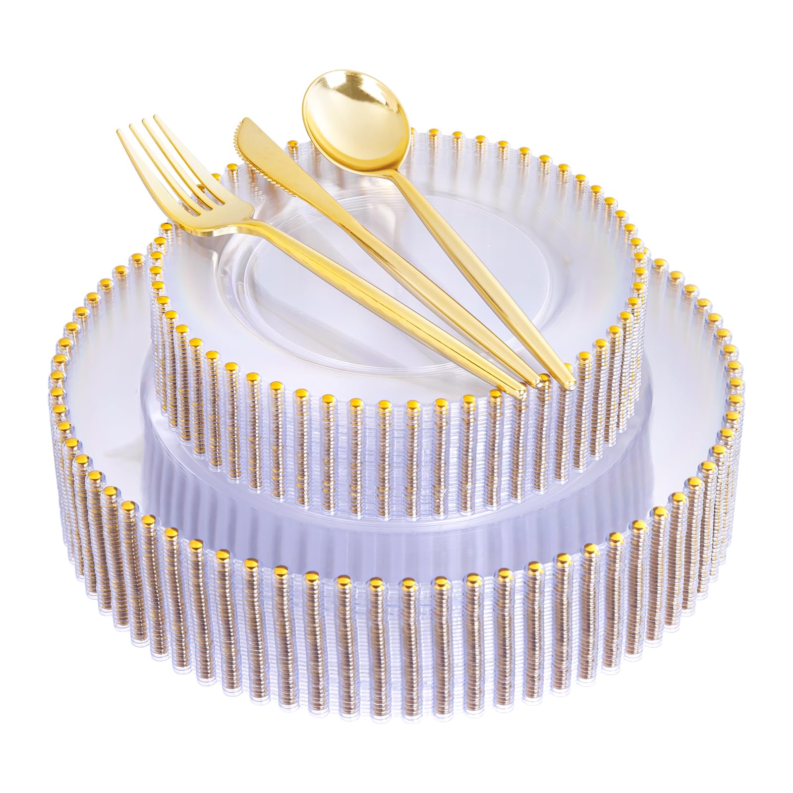 Photo 1 of **NO PLATES** LIYH 150 Pcs Clear and Gold Plastic - Elegant Disposable Gold Plastic Dinnerware set Include Dinner & Dessert Plates for Birthday Party Wedding 30 Guests