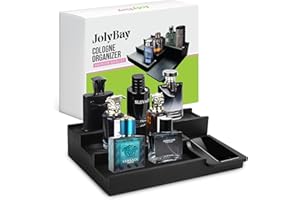 JOLYBAY Men Cologne Organizer Display Stand – Ideal Gift for Christmas | 4 Tier Wood Perfume Holder with 4 Hidden Compartments | Includes Black Stand and Free Mat | Perfect for Organization and Style