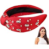 CAVETEE Football Headband for Women, Red Wide Rhinestone Pearl Football Embellished Knotted Headband, Top Knot Hairband Headpiece Game Day Sports Fan Gifts