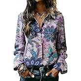 CHERRYBETTY Women's Boho Paisley Blouse Western Floral Print Top Ruffled Cuff Long Sleeve Button-Down Shirt
