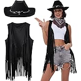 PARTTELY Western Outfits for Women Cowgirl Tassel Sleeveless Vest Cowboy Hat and Paisley Bandana