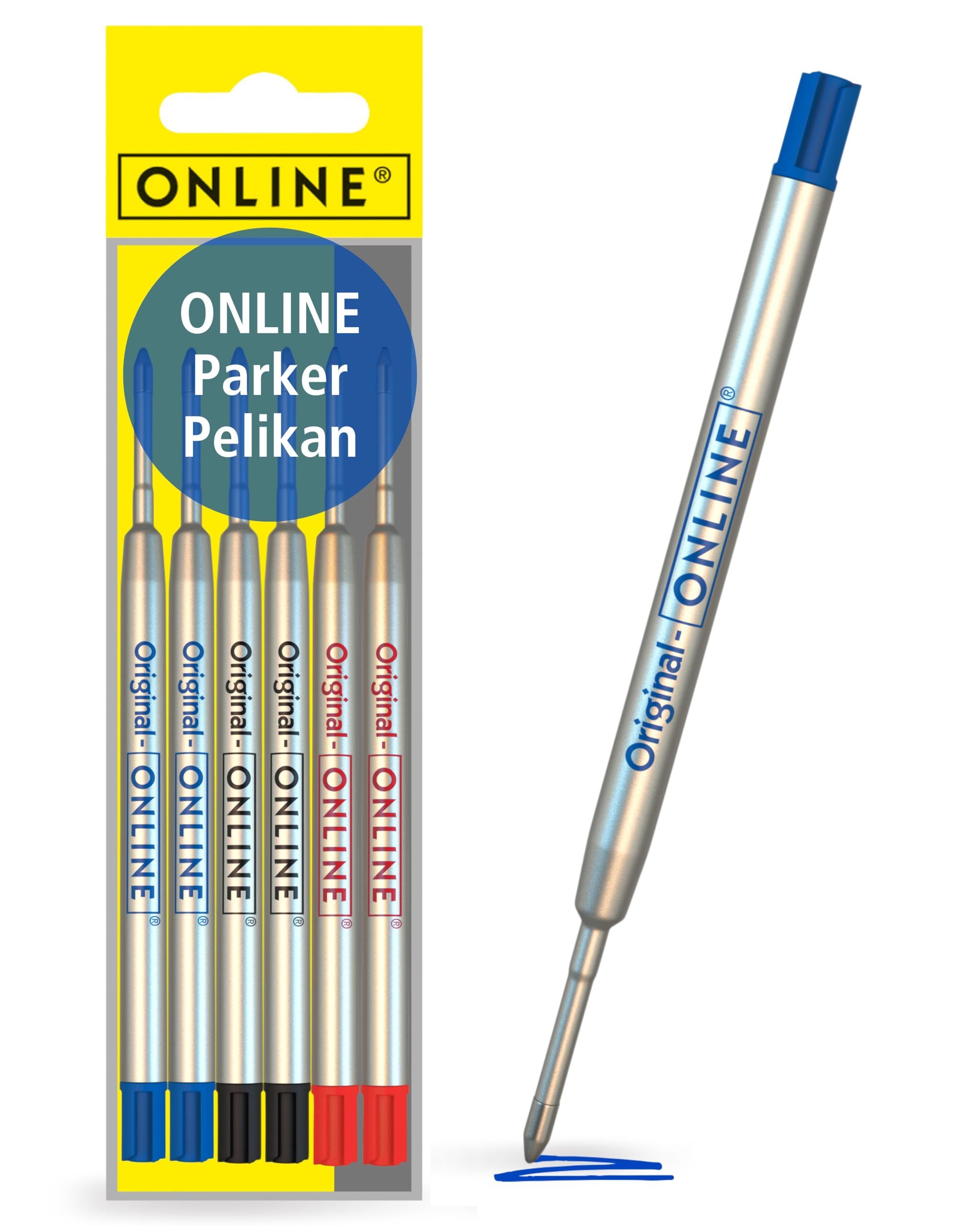 Online 6X Ballpoint Pen Refills Blue, Black Red, Medium Point, International Standard Biro Refills G2 Format, Waterproof, Universal Refills for Ballpoint Pens, for School, Uni, Office