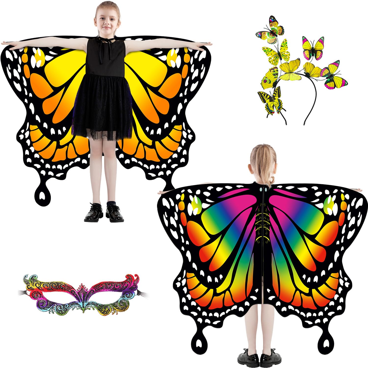 Plainshe Butterfly Wings for Girls, Double-Sided Fairy Wing, Kids Butterfly Costume for Halloween, 3PCS Cape Set (Double-Sided 2)