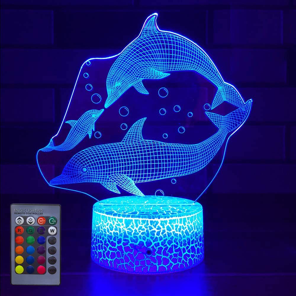 HPBN8 Ltd Creative 3D Dolphin Night Light Lamp Remote Control Touch Switch 7/16 Colors Changing USB Powered LED Decor Optical Illusion 3D Lamp Xmas Brithday Room Decoration