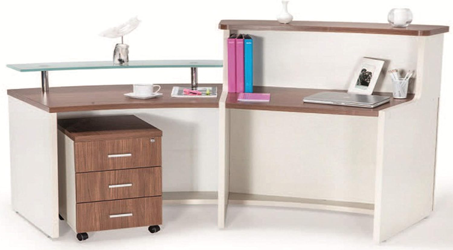 UGOS Glass Top Reception Desk Wood Laminate/Walnut Desktop Kickplate and Accents/Glass Top: Kitchen & Dining