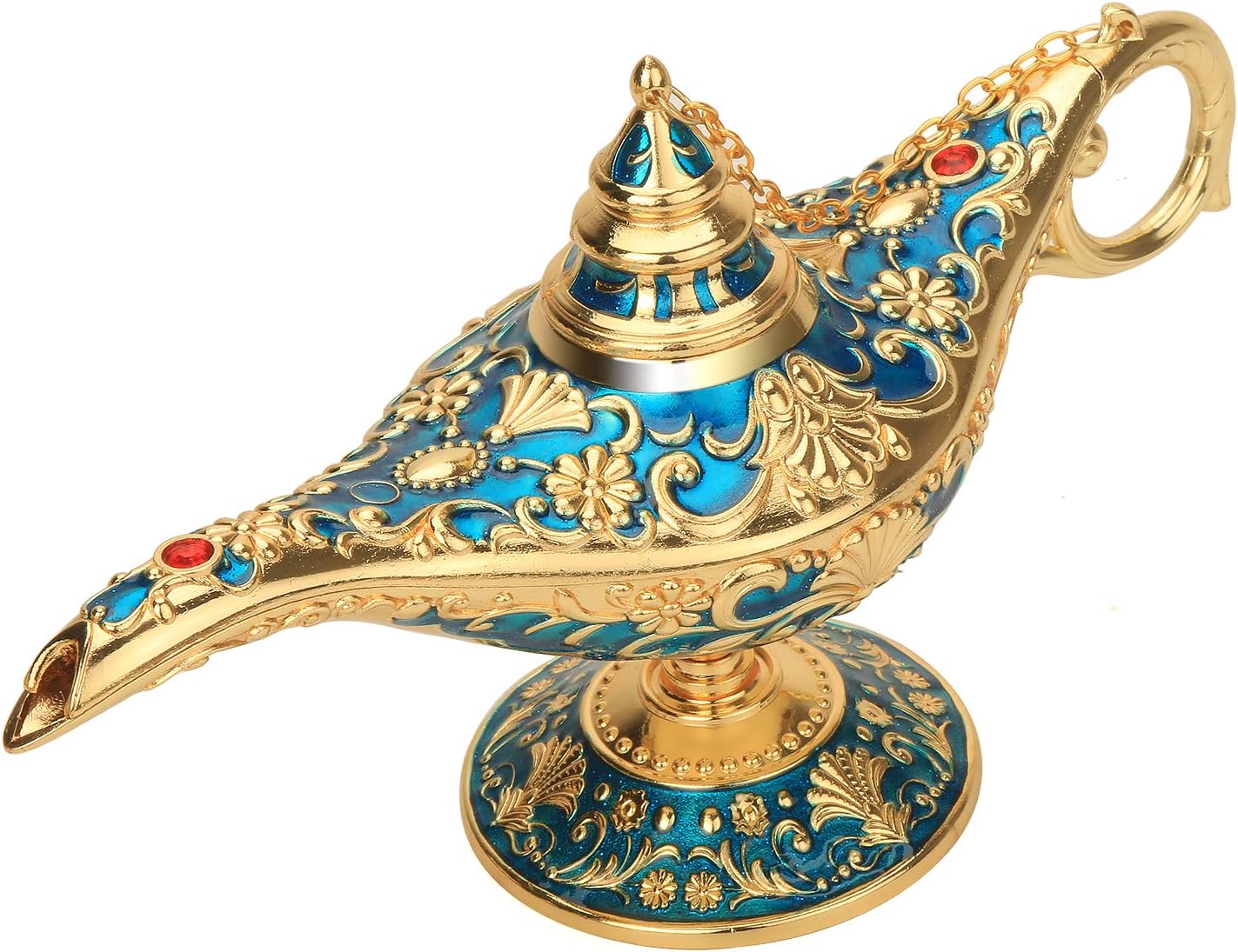 Oil Lamps & Accessories - LAUYOO Classic Aladdin Magic Genie Lamp Legend Wishing Light Costume Lamp Metal Carved Arabian Props for Home Tabletop Decoration Party Birthday Halloween Christmas Size 7 x 20.7 x 11.3CM-Blue