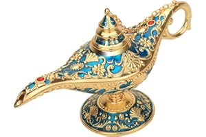 LAUYOO Classic Aladdin Magic Genie Lamp Legend Wishing Light Costume Lamp Metal Carved Arabian Props for Home Tabletop Decoration Party Birthday Halloween Christmas Size 7 x 20.7 x 11.3CM-Blue