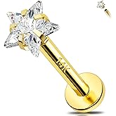 Melighting 14K Solid Gold Cartilage Earring - 16G Gold Heart Flat Back Earring - Star Helix Piercing Jewelry - Internally Threaded Curved CZ - 8mm