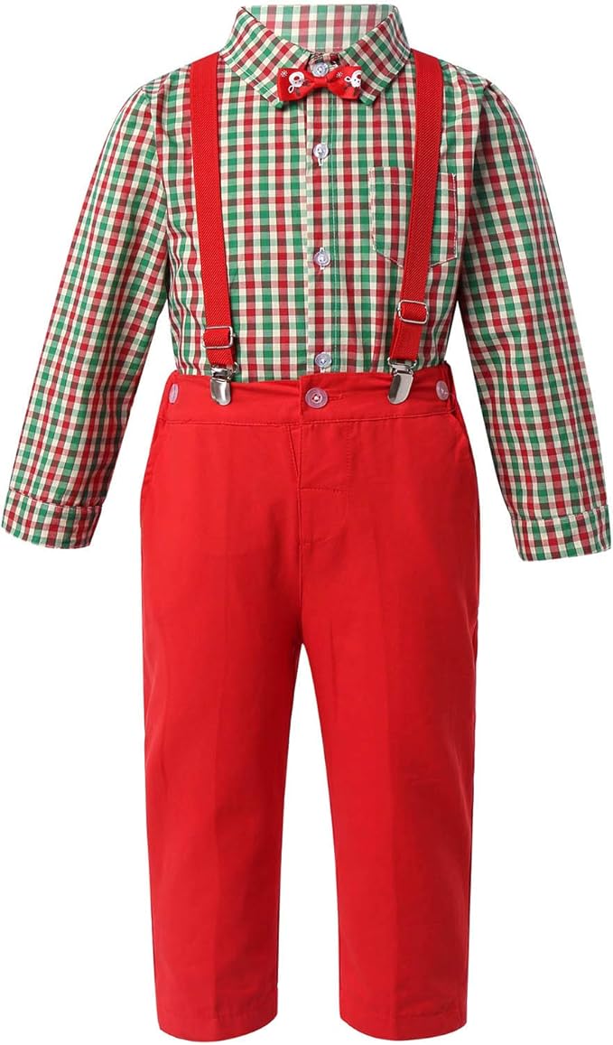 Amazon Co Jp Alvivi ベビー服 男の子 フォーマル チェック シャツ 長袖 チェック柄 セレモニー キッズ 紳士服 結婚式 洋装 クリスマスパーティースーツ サスペンダー付き 蝶ネクタイ 付き 服 ファッション小物