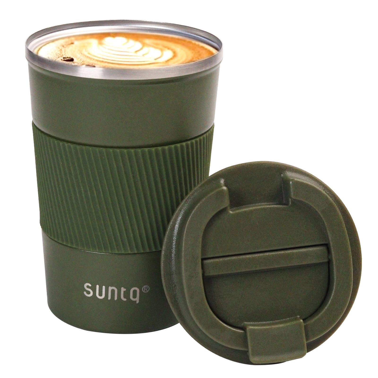 SUNTQ Reusable Coffee Cups Travel - Coffee Travel Mug with Leakproof Lid - Thermal Mug Insulated Cup - Stainless Steel Travel Cup with Rubber Grip - for Hot and Cold Drinks, 13oz/380ml Green