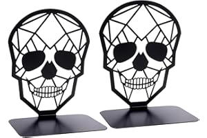 RONGJI JEWELRY Metal Skull Design Black Bookend - Heavy-Duty Bookends for Shelves, Skull Book Ends for Heavy Books, Book Shelf Holder Home Office Decorative Desktop Organizer (1 Pair)
