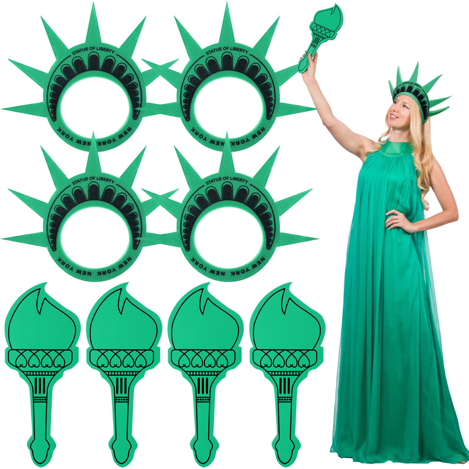 Photo 1 of VioraWhite 4 Set Statue of Liberty Crown Hat and Torch Statue of Liberty Costume Accessories Souvenir Headpiece Caps Headband for New York City Theme Parties Halloween Cosplay