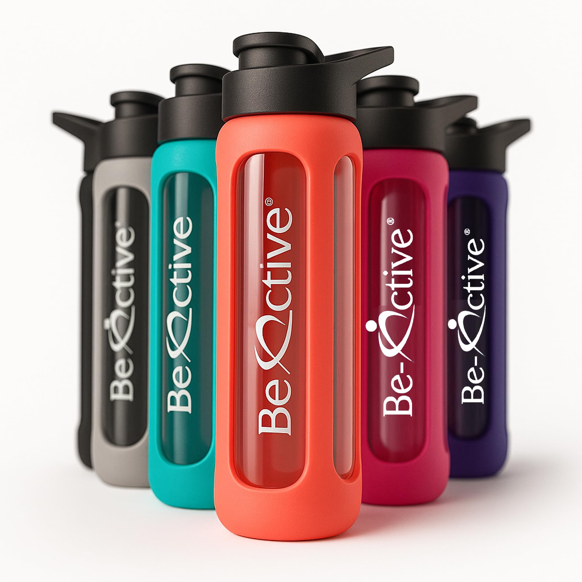 Be-Active Glass Water Bottle 700ml Flip Top with Times to Drink | Borosilicate Glass | Motivational bottles | BPA Free | Eco Friendly (Turquoise)