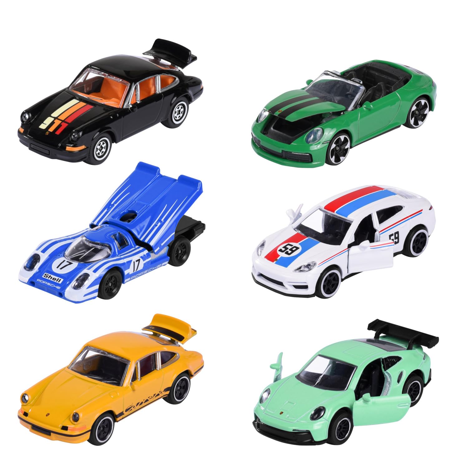 Majorette - Porsche Toy Car (1 Car) with Collectible Card - Premium Miniature (Set of 6 Assorted, Random Choice), 7.5 cm, for Children from 3 Years
