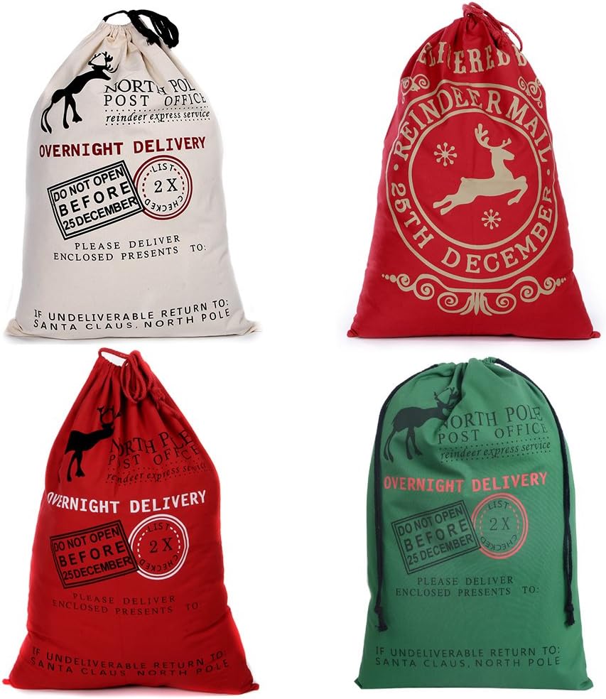 Littleducking 4pcs Vintage Hessian Christmas Santa Sack Stocking Burlap Gift Present Large Jute Xmas Gift Bags