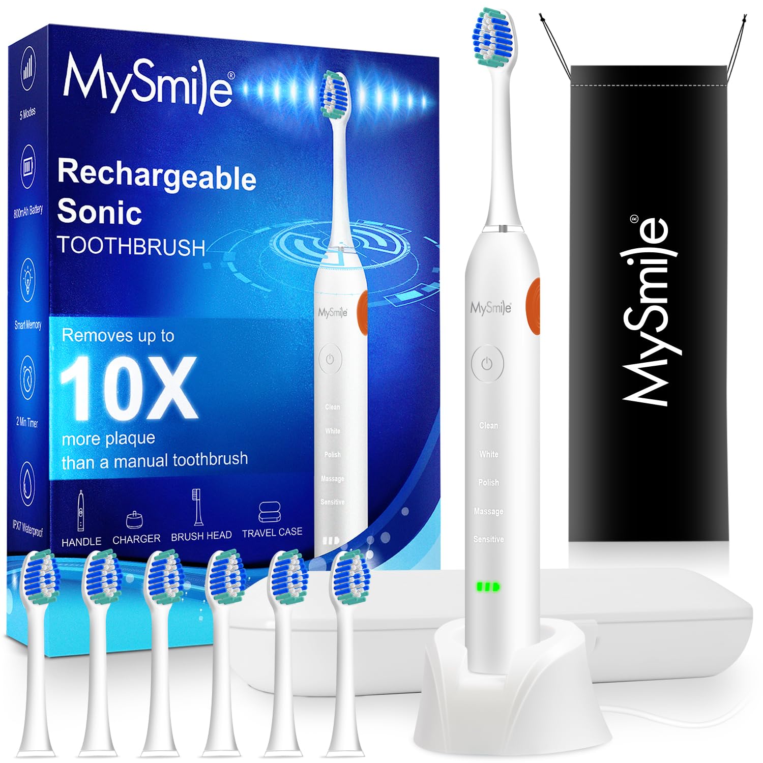 MySmile UC605 Electric Toothbrush for Adults, Rechargeable Sonic Electronic Toothbrush with 6 Brush Heads and Travel Case, 5 Modes 2 Mins Smart Timer, 48000VPM 10X Powerful