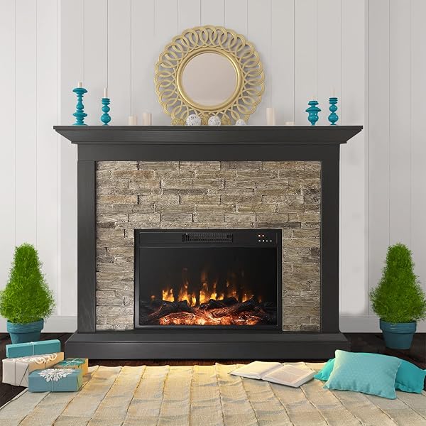 Amazon.com: Dimplex Fieldstone Electric Fireplace with Mantel Surround  Package | Pine with Natural Stone-look, 26 - #GDS28L8-904ST : Home u0026  Kitchen