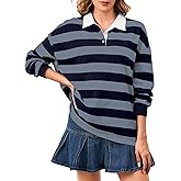 Soamat Women's Oversized Striped Polo Sweatshirt Long Sleeve Rugby Collared Pullover Tops Loose Fit Shirt