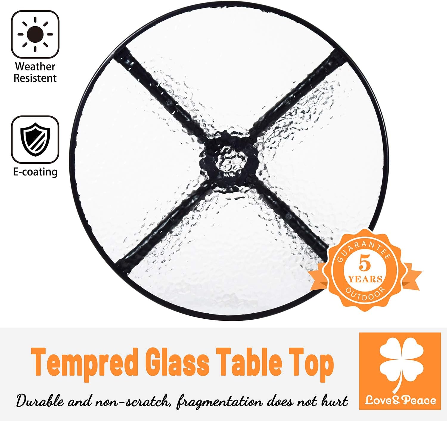 Love & Peace 24" x 24" Outdoor Bistro Table Metal Round Patio Side Table Outdoor Coffee Table Furniture Garden Backyard Dining Table, W/Elegant Water Ripple Glass Table Top, Black: Kitchen & Dining