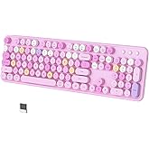 COVEVA Colorful Wireless Bluetooth Keyboard, 2.4G & Dual Bluetooth Multi-Device, Typewriter Retro Round Keycaps 104 Keys Full-Size for PC Laptop Tablet Phone (Pink-Colorful)