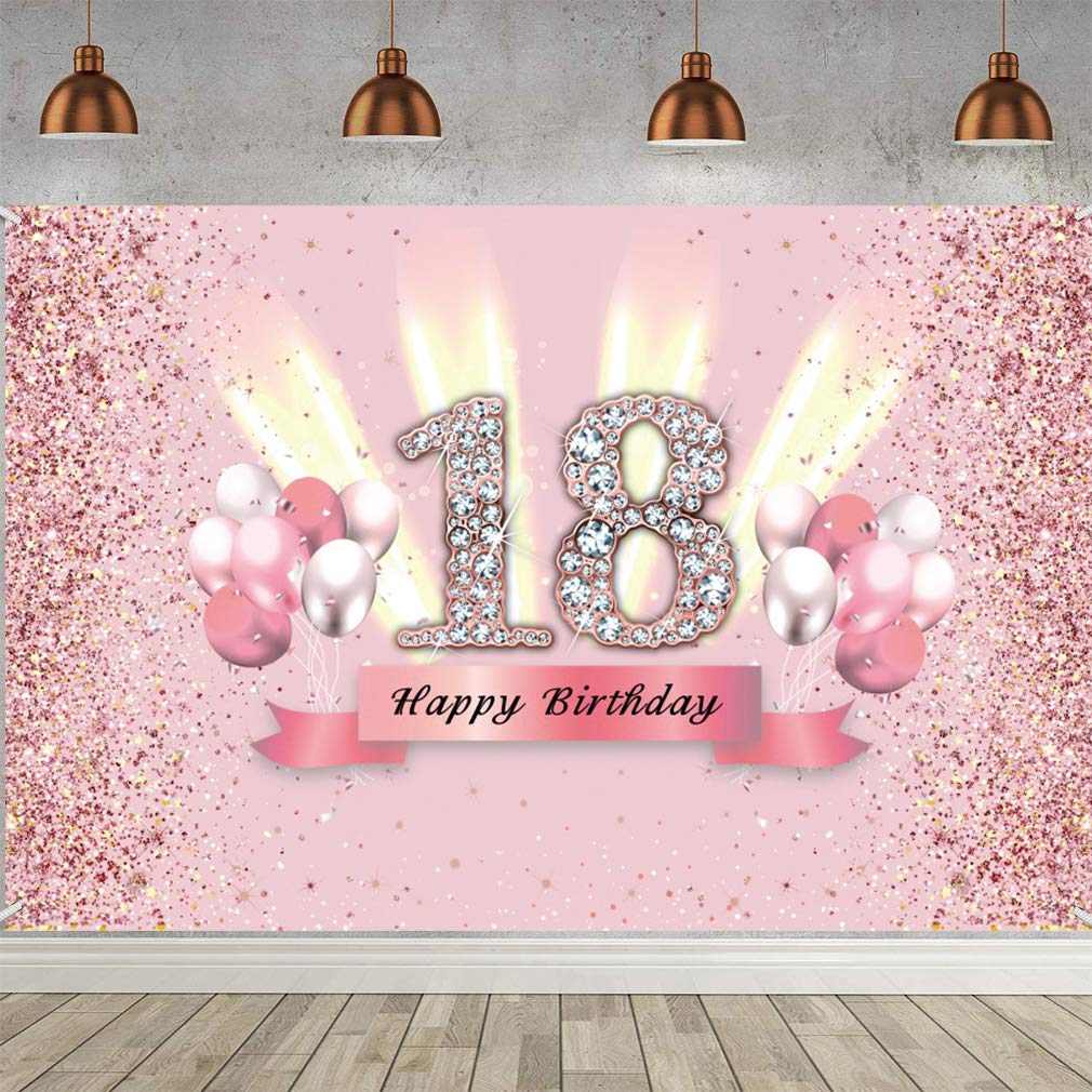 18th Birthday Backdrop for Girls Rosegold Party Decor Fabric Sign Poster 18 Years Old Background Banner 18th Birthday Party Supplies Photo Booth Backdrop Glitter Pink