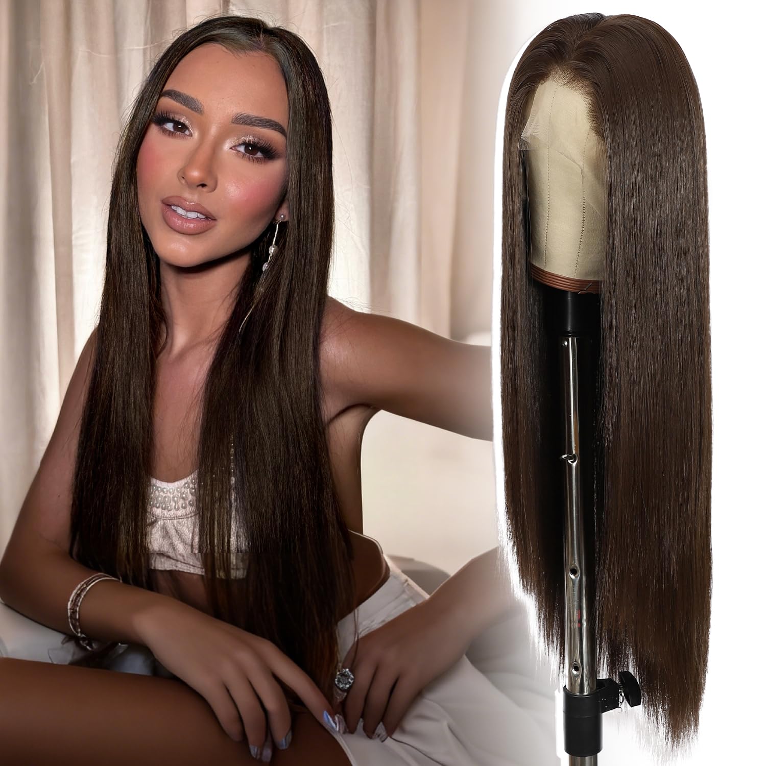 SOMIARIK Brown Lace Front Synthetic Wigs,13x6 Straight Lace Front Wig for Women Part Pre plucked With Natural Hairline Heat Resistant Fiber for Daily 26 Inches — image 1