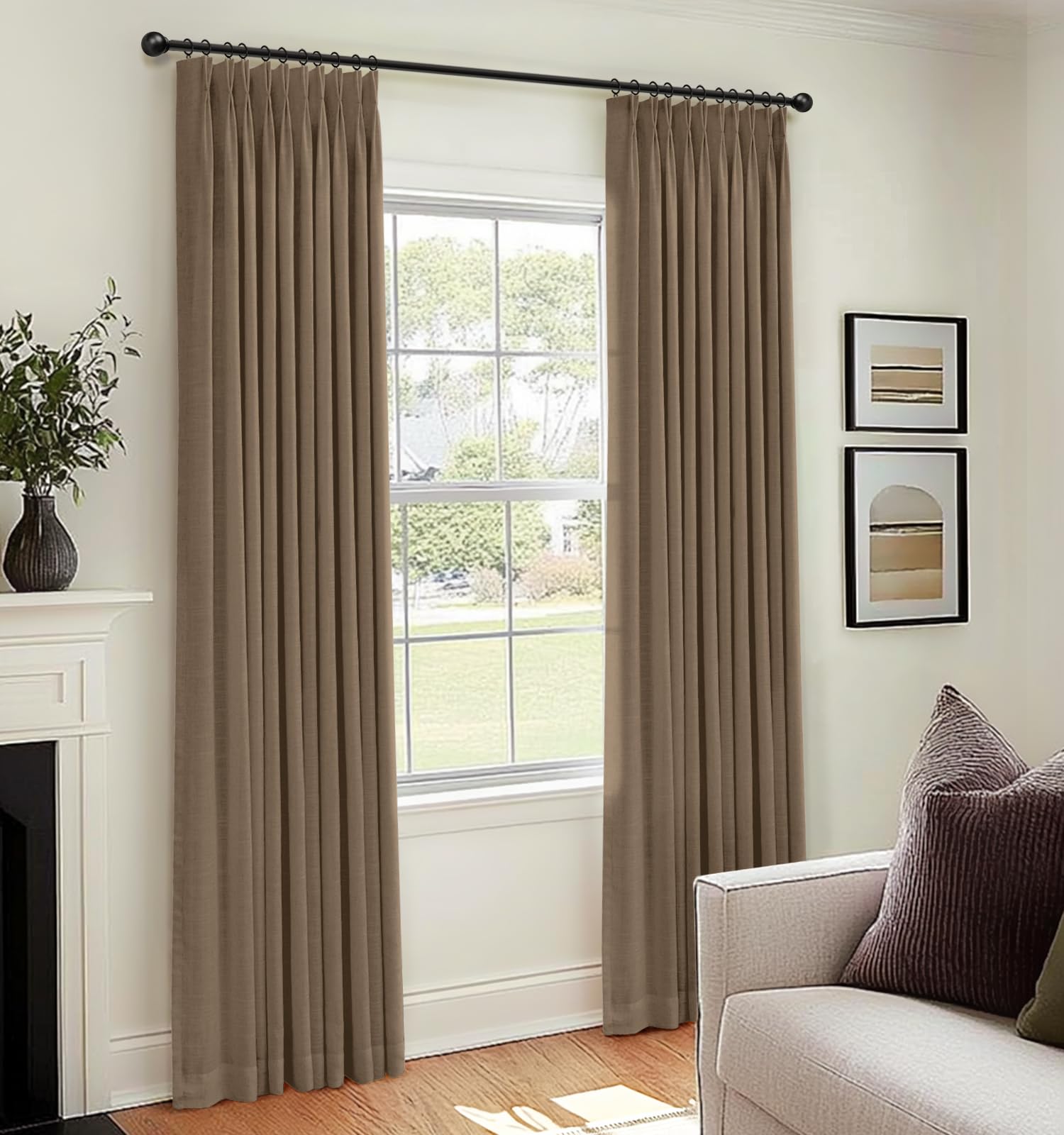 View 1 of 100% Blackout Shield Linen Pinch Pleated Curtains Blackout, Curtains 108 Inches Long 2 Panel Set for Bedroom/Living Room, Pinch Pleat Drapes with Hooks, 40” W x 108” L, Linen Brown