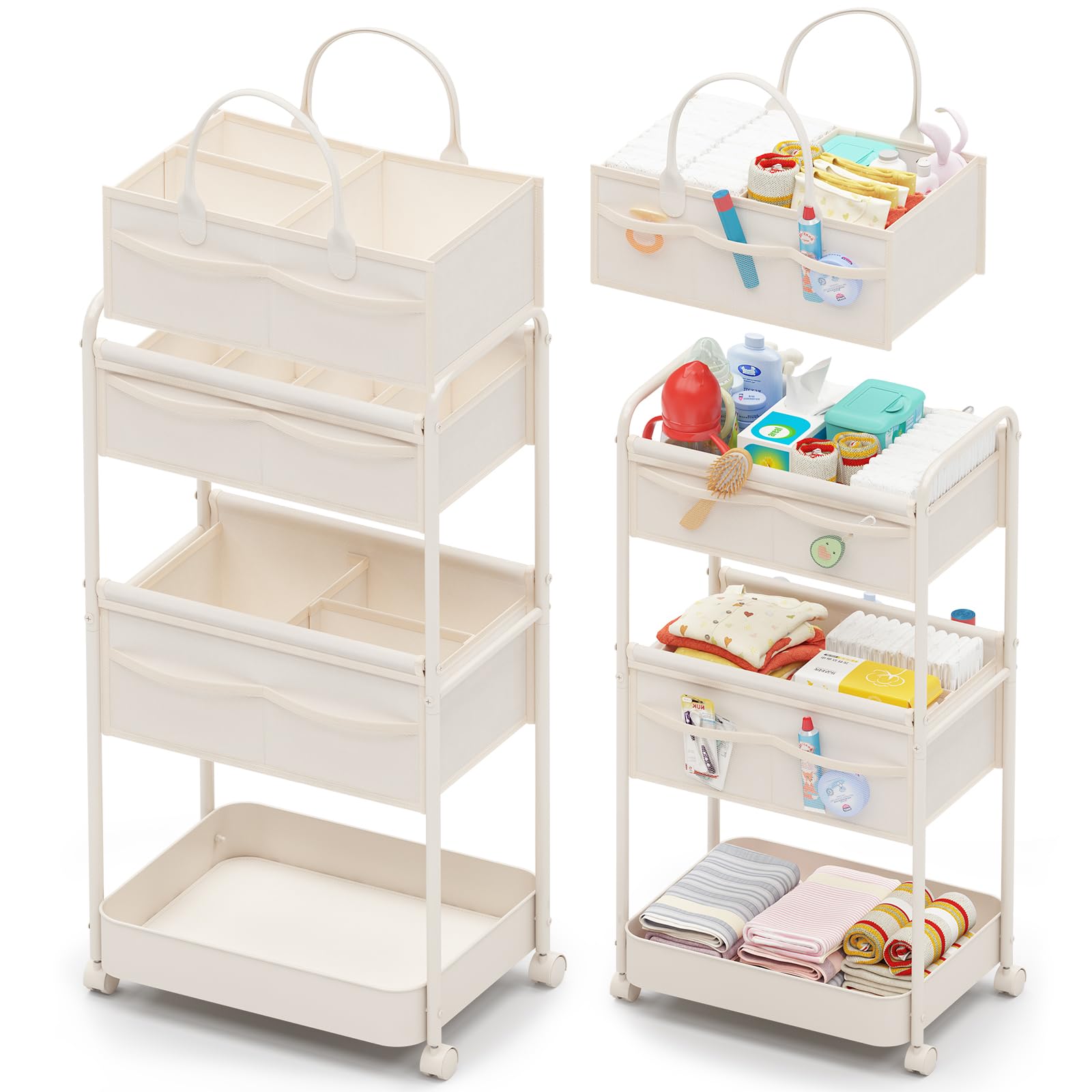 Photo 1 of Baby Diaper Caddy, Premium Metal& Felt Movable Cart with Dividers for Newborn Nursery Essentials, Large Capacity Detachable Bedside Cart Organizer for Changing Table &Crib, Easy Assembly- Beige