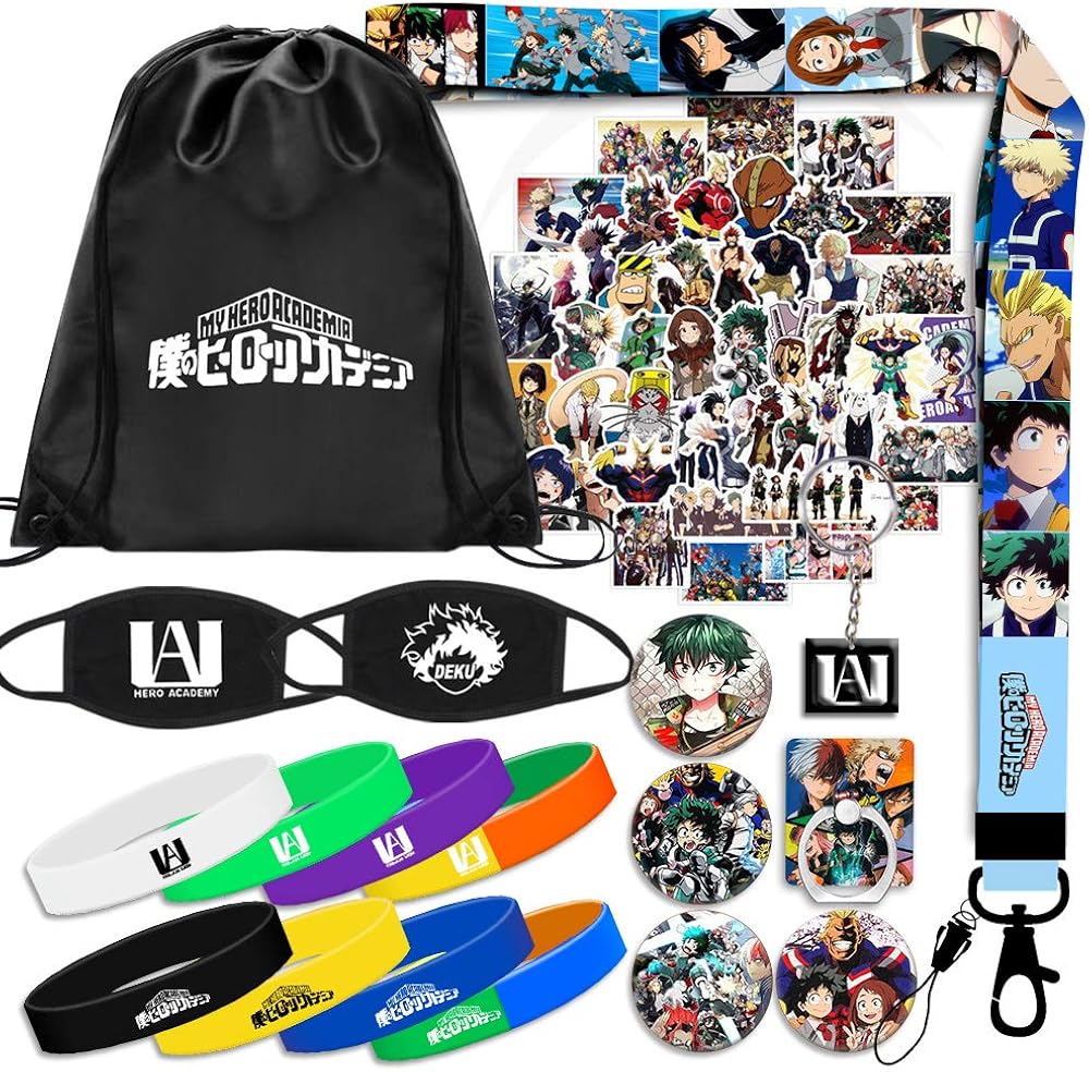 My Hero Academia Gift Sets, Including Cute Laptop Stickers, Drawstring Bag, Bracelets, Lanyard, Face Masks, Button Pins, Phone Ring Holder, Keychain