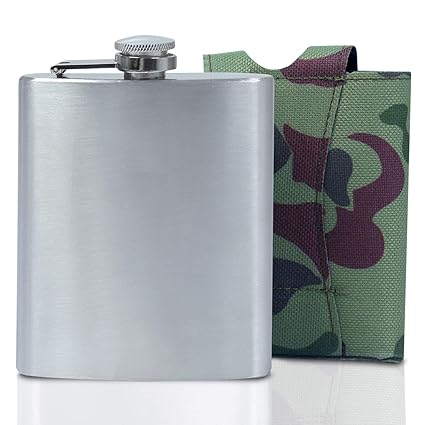 7Trees Stainless Steel Hip Flask with Army Camouflage Fabric Pouch, 207ml, Silver