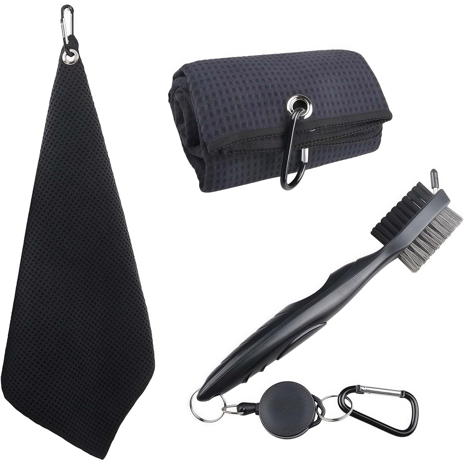 3 PCS Golfs Cleaning Kit, 2 PCS Golf Towels for Golf Bags with Clip and Golfs Club Cleaner Brush, Black with Carabiner Cleaning Towel and Retractable Brush, for Easy Hanging on Bag