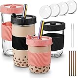 Mfacoy (4 Pack x 2 Size Boba Cup, 24oz & 16oz Bubble Tea Cup, Smoothie Cups with Lids and Stainless Straws, Reusable Boba Cup