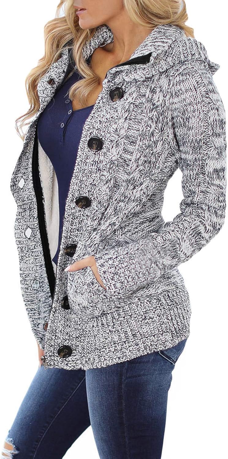 Sidefeel Women Hooded Knit Cardigans Button Cable Sweater Coat at  Women’s Clothing store