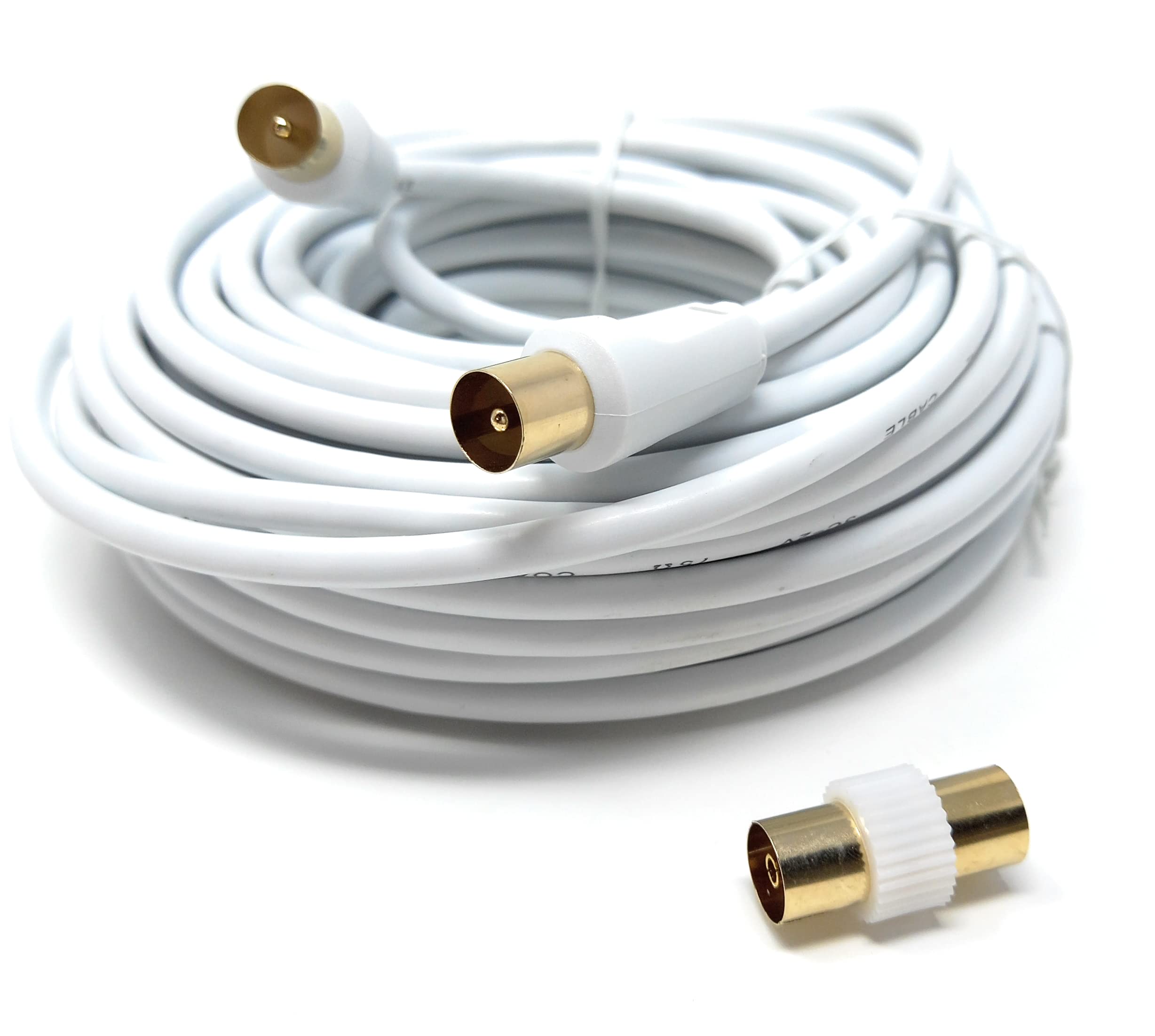 DRUT 15m TV RF Male to Male Aerial Antenna Coaxial Cable With Female to Female Coupler Gold Connectors 75 ohm 3C2V 50ft White
