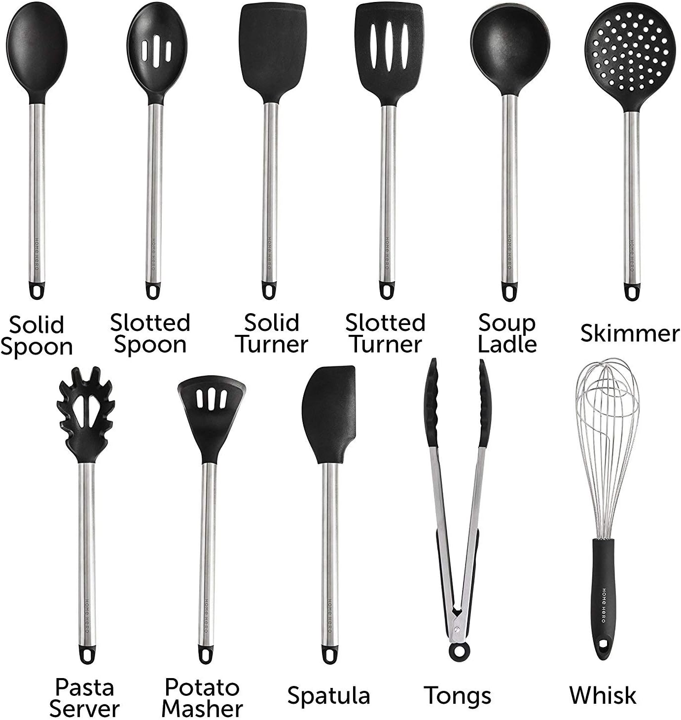 Home Hero 11 Silicone Cooking Utensils Kitchen Utensil Set - Stainless Steel Silicone Kitchen Utensils Set - Silicone Utensil Set Spatula Set - Silicone Utensils Cooking Utensil Set Salad Tongs: Kitchen & Dining
