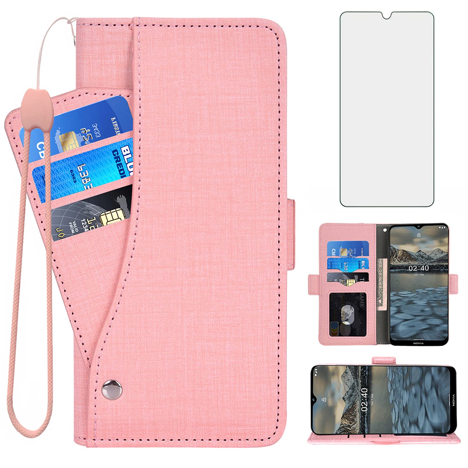 Asuwish Compatible with Nokia 2.4 Wallet Case and Tempered Glass Screen Protector Leather Flip Cover Card Holder Stand Cell Accessories Credit ID Slot Phone Cases for Nokia2.4 TA-1274 Women Men Pink