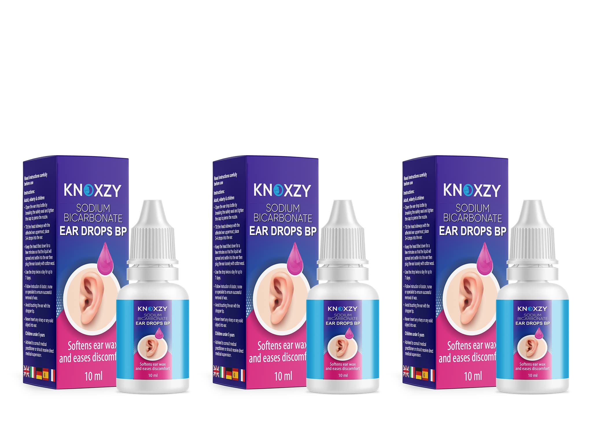 Knoxzy Sodium Bicarbonate Ear Wax Removal Drops, Clinically Tested Ear Drops, Ear Wax Softener for Clogged Ear Relief and Swimmer’s Ear - 10ml (Pack of 3).