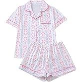 RoseSeek Women's Bow Pajamas Sets Short Sleeve Button Down Pajamas Y2k Preppy Cute PJ Set Sleepwear