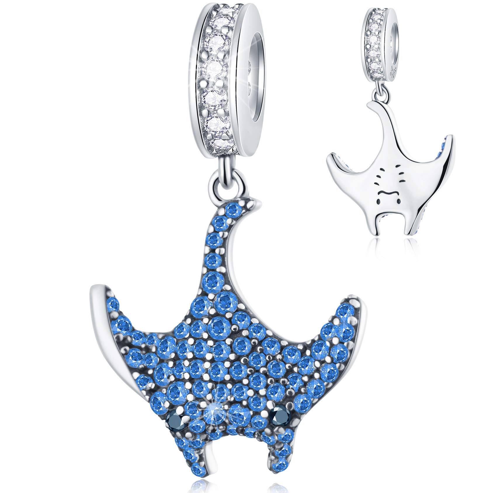Manta Ray Charms with Sapphire Blue CZ, Fit Pandora Ocean Animal Bracelet, Devil Fish Pendant Tropical Marine Life Beads, Gift for Sister/Mom/Friends