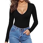 MANGOPOP Deep V Neck Long Sleeve Shirts for Women Sexy Slim Fitted T Shirt Tops