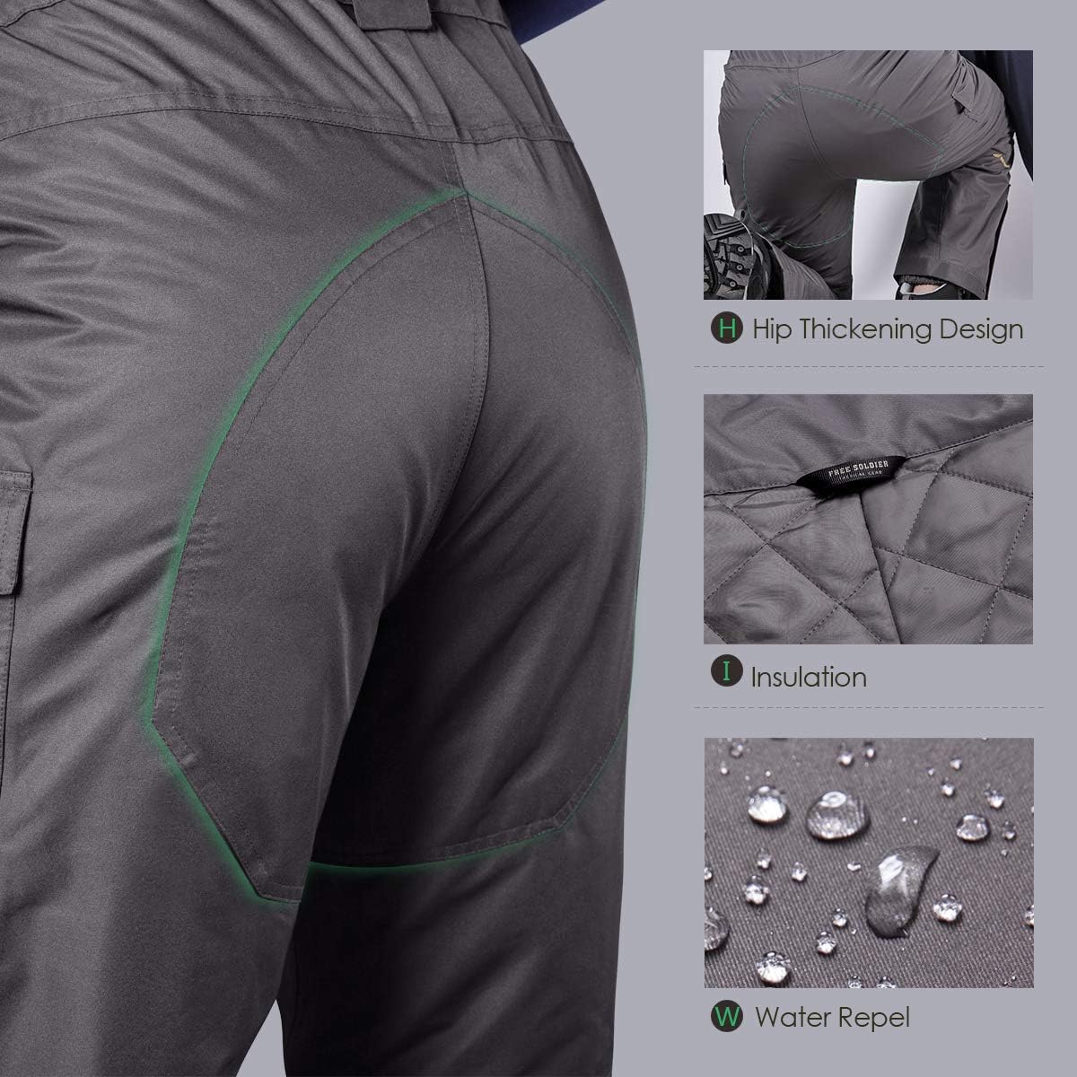 FREE SOLDIER Men's Waterproof Snow Insulated Pants Winter Skiing Snowboarding Pants with Zipper Pockets: Clothing