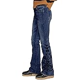Flamingals Embroidered Jeans for Women Mid Waist Casual Floral Embroidery Bottom High Stretch Bootcut Jeans