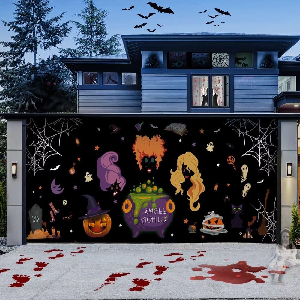 Garage Door Decorations - Halloween Garage Door Cover Banner 7 x 16 Ft Ultra Large Halloween Banner Cover Murals Indoor and Outdoor Horror Bloody Party Pumpkin Handprints Ghost Haunted Halloween Garage Door Banner Decorations