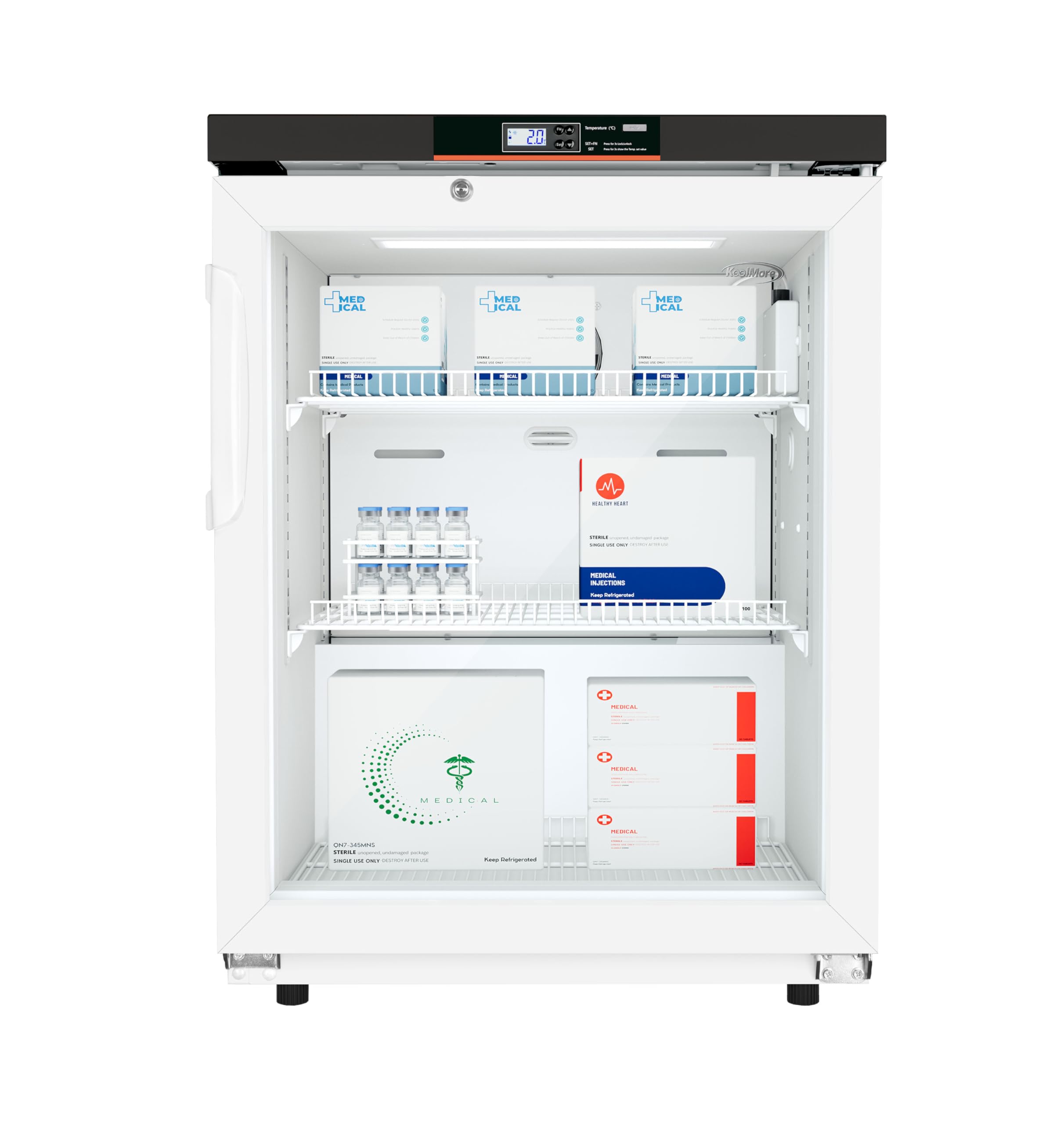Photo 1 of **MAJOR DAMAGE**
KoolMore 4.5 cu ft Countertop Medical Pharmacy Refrigerator with Emergency Backup Battery for Temperature Display and Alarm in White, UL Listed (KM-PHR-45C)