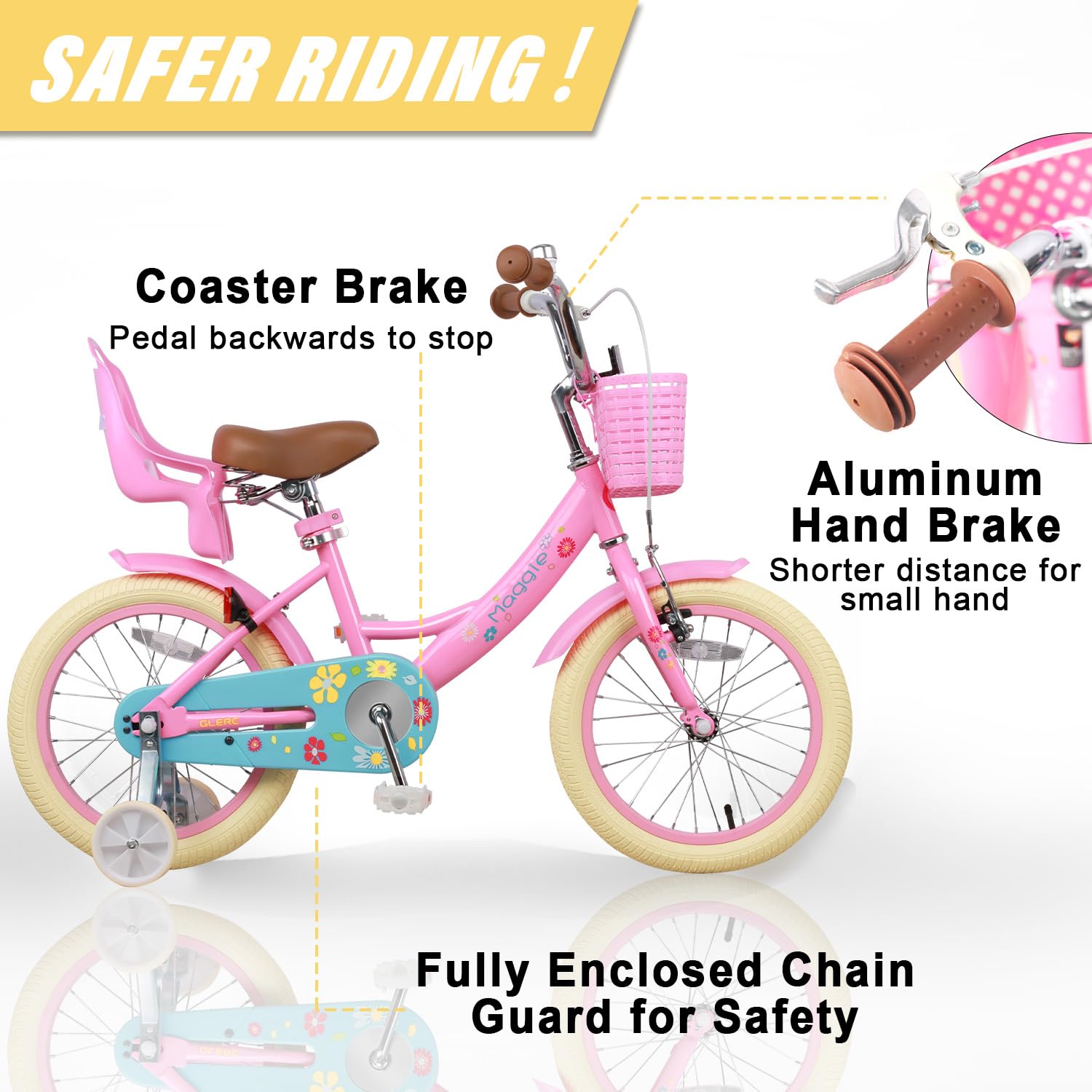 Glerc Maggie Girls Bike, 12-20 Inch Kids Bike for 2-13 Years Old Children, Princess Style Kids Bicycle with Doll-Seat & Basket & Training Wheels, Multiple Colors