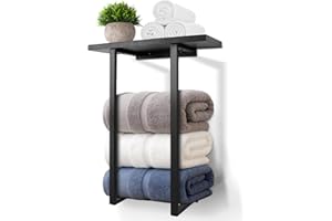 WELLSIGN Towel Racks for Bathroom Wall Mounted, Metal Towel Holders with Black Wooden Shelf, Rolled Bath Towel and Hand Towels Holder Storage and Organization for Bathroom, Rv, Camper