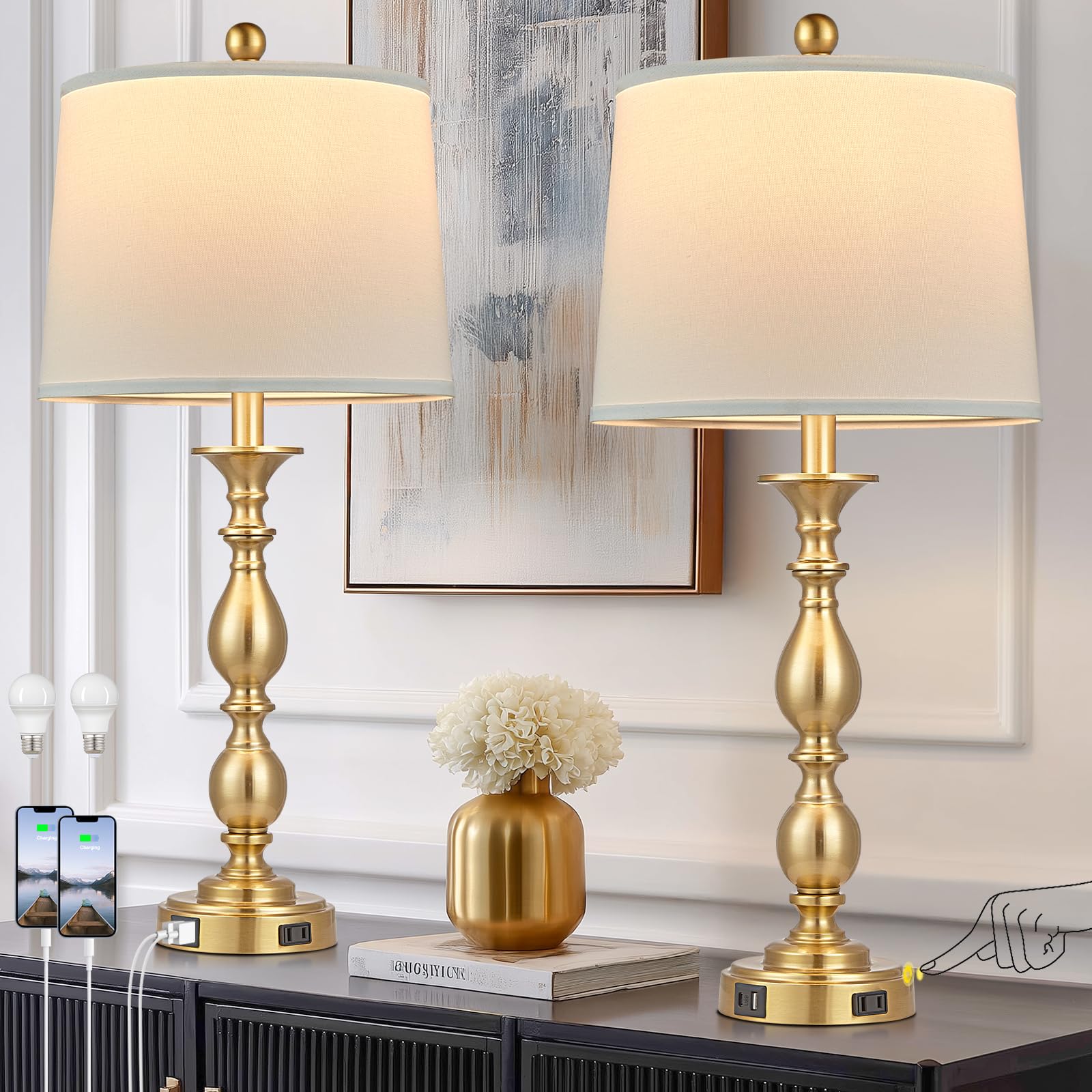 Photo 1 of MOUVOVO 28" Tall Modern Table Lamps Set of 2 with USB C+A Ports and AC Outlet, 3 Way Touch Metal Bedside Lamps for Living Room, Gold Farmhouse Nightstand Lamps for Bedroom