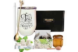 FroggyDog Tea Gift Set with Insulated Tumbler, Gold Spoon, 18 Premium Tea Bags, Honey Jar, Dipper and Sugar (White)