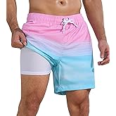 SILKWORLD Mens Swim Trunks 2 in 1 Quick Dry Bathing Suit with Compression Liner Beach Shorts with Zipper Pockets